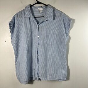 Womens Dash Striped Cotton Button Shirt Cap Sleeves Lt Blue White XL